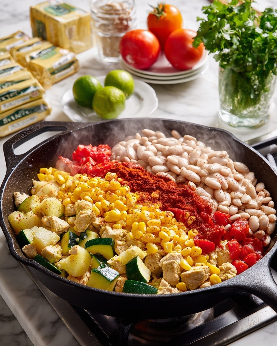 A black cast iron skillet on a gas stove is filled with several layers of colorful ingredients. The bottom layer has diced green zucchini and yellow potatoes mixed with white chopped chicken pieces and small red tomato chunks. On top of this sits a generous layer of bright yellow corn kernels scattered all over. To one side, a pile of white beans is laid out, sprinkled with a deep red spice powder that also dusts the corn layer. Soft steam rises from the skillet, showing the food is hot. In the background, there are fresh green cilantro leaves in a clear glass, a red tomato, a yellow tomato, halved green limes on white plates, and some cooking cream and shredded cheese packets. The surface is a white marbled texture. Photo taken with an iphone --ar 4:5 --v 7