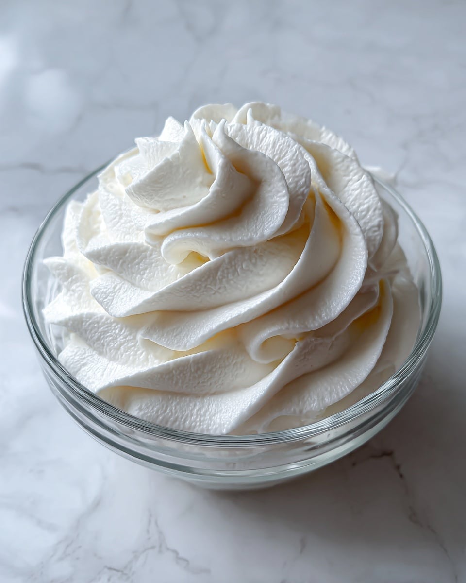 A clear glass bowl filled with a large swirl of white whipped cream, showing smooth, soft, and fluffy textures arranged in thick curved layers that form a circular pattern, placed on a white marbled surface photo taken with an iphone --ar 4:5 --v 7