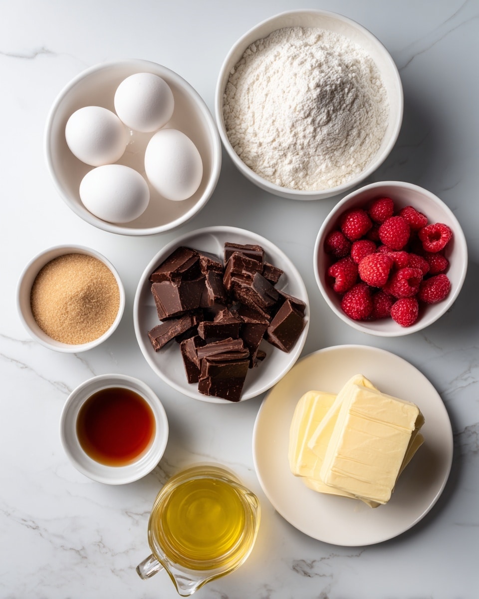 The image shows seven bowls and a small jug arranged on a white marbled surface. At the top left, there is a white bowl holding three white eggs. To the right, a larger white bowl is filled with white flour. Below the eggs, a small white bowl contains light brown sugar, and next to it, a white bowl holds chunks of dark brown chocolate. To the right of the chocolate, a small white bowl is filled with bright red raspberries. Below the raspberries, a flat white plate holds a block of pale yellow butter. Below the sugar and chocolate, there is a small white bowl with a dark amber liquid inside, and next to it, a clear jug is filled with a golden yellow liquid. The colors are natural and the textures vary from smooth and powdered to chunky and fresh. Photo taken with an iphone --ar 4:5 --v 7