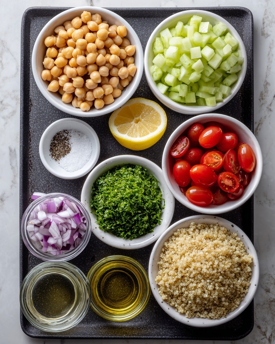 A black tray on a white marbled surface holds nine white bowls and small glass containers with fresh ingredients arranged neatly. At the top left, a bowl filled with round, beige chickpeas next to a bowl of chopped green cucumber pieces on the top right. Below the chickpeas, a small bowl with white salt and black pepper. Center left is a bigger white bowl full of finely chopped green parsley with a coarse texture. To the right of the parsley, a white bowl holds halved red cherry tomatoes showing a glossy, juicy texture. At the bottom left, a small bowl contains chopped purple onions, next to two glass containers with minced garlic and amber olive oil. On the bottom right, a larger bowl filled with fluffy beige quinoa with a grainy texture. A half lemon with bright yellow skin rests between the quinoa and glass containers. Photo taken with an iphone --ar 4:5 --v 7