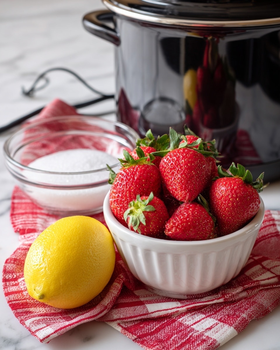 A slice of cheesecake with two layers is shown on a white plate with small dark specks; the bottom layer is a light brown crumbly crust, and the top is a smooth, creamy pale yellow cheesecake. A spoon held above drips thick, bright red strawberry sauce with visible strawberry pieces down the front of the cheesecake. There is a silver fork placed on the right side of the plate. In the background, fresh strawberries and another blurred cheesecake slice sit on a white marbled surface. Photo taken with an iphone --ar 4:5 --v 7
