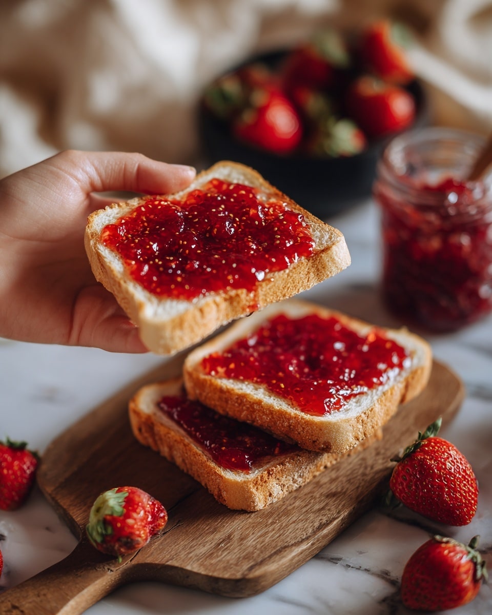 The image shows three pieces of toasted bread stacked on a wooden board, each topped with a thick, shiny layer of red strawberry jam that has a slightly bumpy texture. A woman's hand is holding the top piece of toast, showing its golden-brown edges and soft center with jam spread evenly on top. Around the board, there are bright red whole strawberries with green leaves adding color. In the background, there is a white marbled surface with a white bowl full of fresh strawberries and a glass jar filled with more red jam. The scene is bright and fresh. photo taken with an iphone --ar 4:5 --v 7