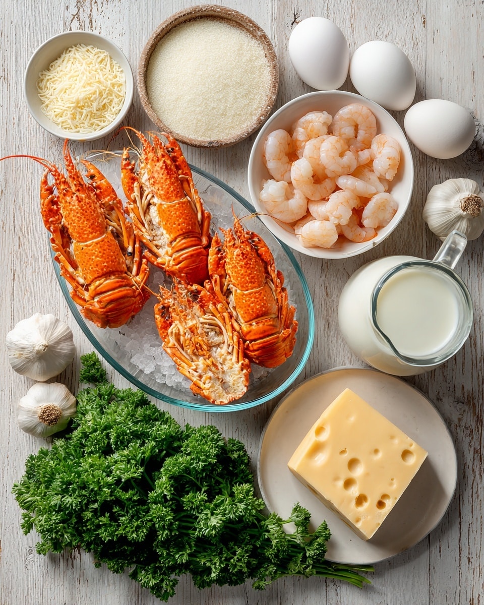 A top-down view of various seafood cooking ingredients arranged on a white marbled surface, including a large clear bowl filled with two bright orange lobster halves displaying their detailed shell texture; next to it, a white bowl holding several pale pink shrimp with smooth, shiny surfaces. Surrounding are small bowls containing grated white cheese, a light beige powder, a block of pale yellow cheese, and a thick white sauce with a smooth texture. A small cluster of whole garlic bulbs with papery white skins, two white eggs, and a small jug of white milk add to the scene. A white plate filled with vibrant, curly green parsley leaves brings a fresh look. The entire set is placed on a wooden backdrop visible through gaps beneath the containers, mixing warm and cool tones to highlight the fresh ingredients. Photo taken with an iphone --ar 4:5 --v 7