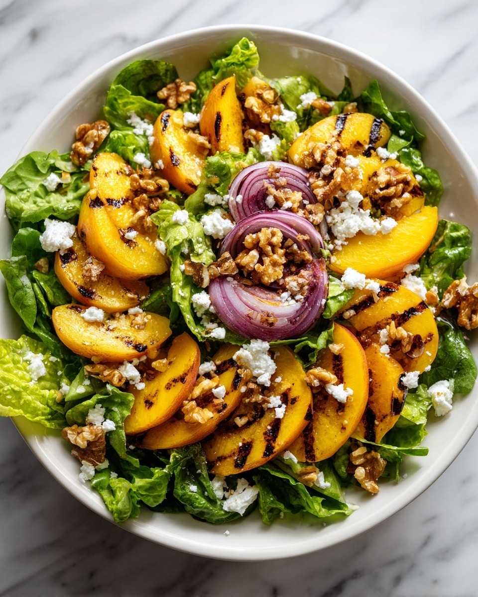 A white bowl sits on a white marbled surface filled with fresh green lettuce leaves as the bottom layer. On top, there are grilled yellow peach slices with dark char marks, adding a warm orange color. Scattered in between are pieces of bright purple-red grilled onion slices. Small chunks of white cheese and brown walnuts are sprinkled over the salad, creating texture and contrast. The salad appears lightly dressed with a glossy sheen. Photo taken with an iphone --ar 4:5 --v 7