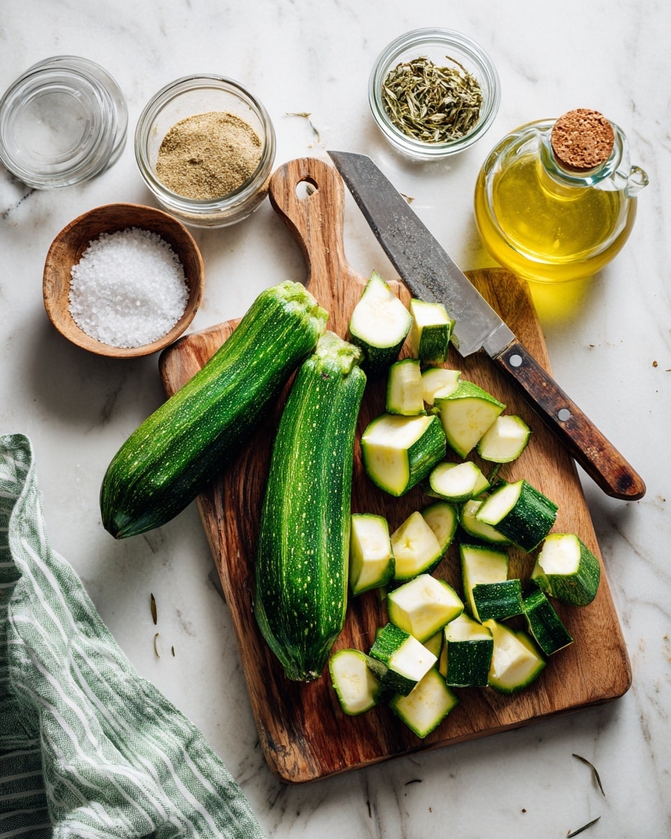 A wooden cutting board on a white marbled surface holds two whole green zucchinis and several zucchini pieces sliced into chunks and half-moon shapes, arranged near a large knife with a wooden handle. Around the cutting board are a glass jar of light brown seasoning, a small bowl filled with coarse salt, and another glass jar with a green dried herb mix. A clear glass bottle with a cork holds golden olive oil. A green and white striped cloth napkin is partially visible at the bottom right. Photo taken with an iphone --ar 4:5 --v 7