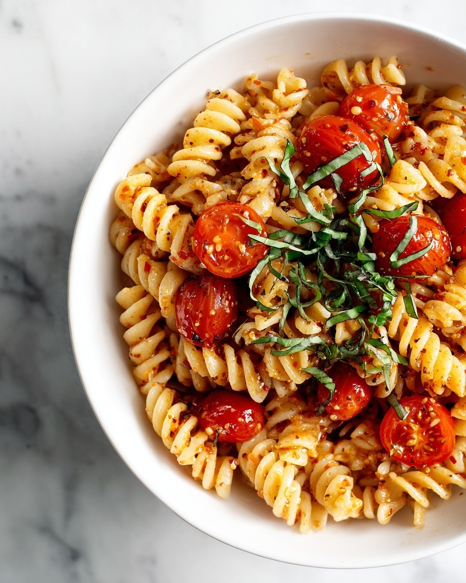 A white bowl filled with spiral pasta tossed in a light red sauce mixed with finely chopped herbs and small bits of onion, topped with halved bright red cherry tomatoes and thin strips of fresh green basil scattered over the pasta. The pasta has a slight shine from the sauce, with a textured look from the herbs and small tomato seeds visible. The bowl sits on a white marbled surface. photo taken with an iphone --ar 4:5 --v 7