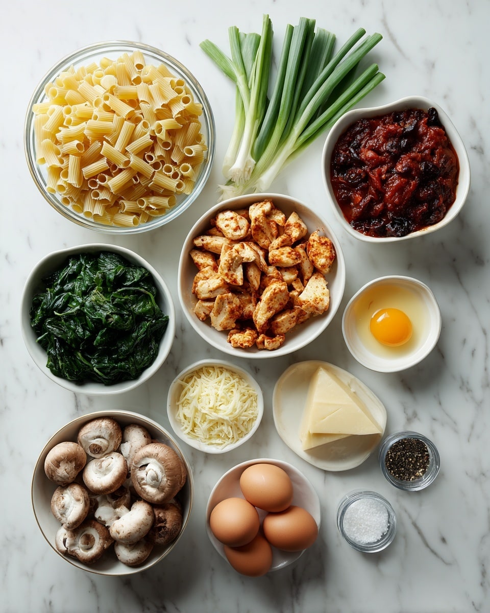 The image shows various cooking ingredients arranged neatly on a white marbled surface. There are seven key groups: a glass bowl full of uncooked pasta in the top left, a white bowl with a chunky red sauce containing dark pieces on the top right, and a pile of whole green onions placed between these two bowls. Below the pasta is a white bowl of grilled chicken pieces, and beneath the red sauce is a small bowl of shredded cheese. At the center are whole and sliced raw mushrooms arranged in a small cluster. To the bottom left is a bowl filled with cooked dark green spinach, and next to it is another bowl with sliced mushrooms. On the bottom right corner, there are four whole brown eggs, one egg yolk in a small glass container, a wedge of cheese on a small plate, and two small containers filled with salt and black pepper. Everything is in bowls or plates, and all containers are white or clear glass. Photo taken with an iphone --ar 4:5 --v 7