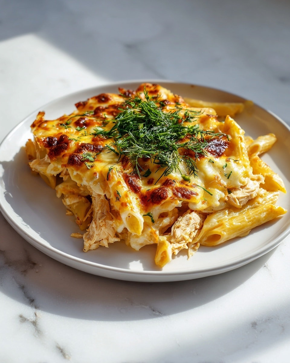 A white plate holds a mound of baked pasta with three visible layers: the bottom layer is light yellow pasta tubes, the middle layer has shredded light brown chicken mixed with reddish sauce, and the top layer is golden melted cheese browned in spots with green herbs sprinkled across. A sprig of fresh green dill sits on top as garnish, and the plate rests on a white marbled surface. photo taken with an iphone --ar 4:5 --v 7