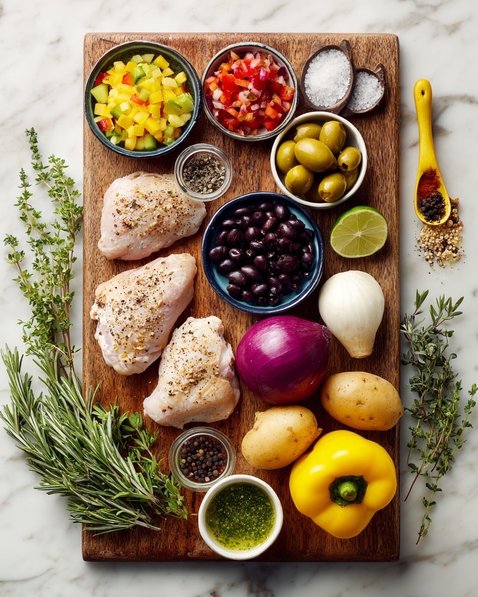 The image shows a wooden board on a white marbled surface filled with fresh ingredients arranged in a neat layout. There are two pale chicken pieces seasoned lightly and placed on the upper left, next to small bowls filled with chopped yellow and red vegetables, green olives, lime slices, mixed spices, coarse salt with a yellow spoon, and cherry tomatoes. Below are a purple onion and a white garlic bulb next to a small bowl of black beans and a glass container of olive oil. A yellow bell pepper sits near four medium-sized light brown potatoes. Fresh green herbs including rosemary and thyme are laid across the bottom left corner, along with a small bowl of green sauce and a glass jar of peppercorns. The colors range from the vibrant reds and greens to the earthy yellows and browns. Photo taken with an iphone --ar 4:5 --v 7