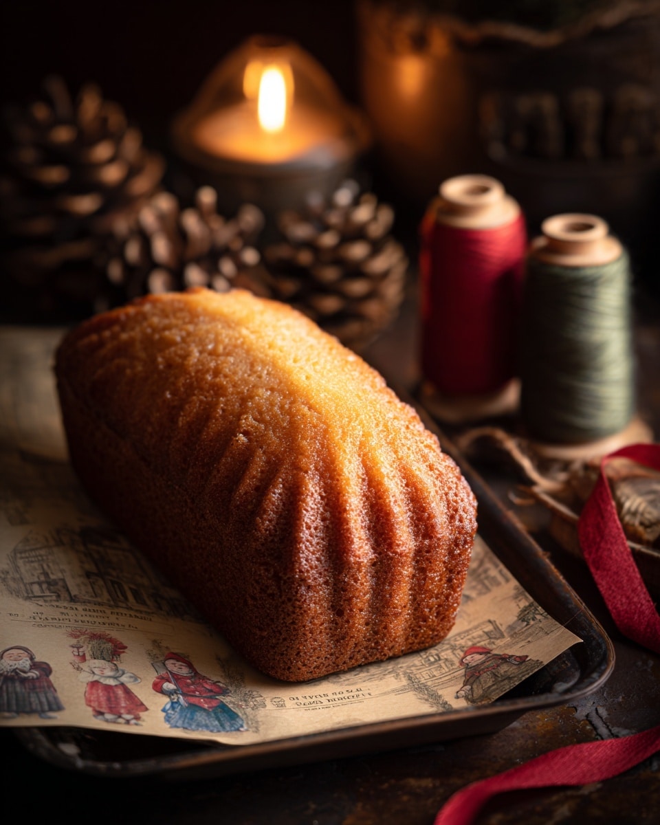 A golden brown, ridged, loaf-shaped cake is placed on a dark tray lined with vintage holiday-themed paper featuring children and Santa Claus images. To the left of the cake, a pine cone adds a natural touch, while a lit candle in a small, rustic holder glows softly in the background. On the right side, two spools of decorative thread—one red and one dark green—rest slightly out of focus alongside a curled red ribbon. The scene sits on a dark surface, with warm, cozy lighting highlighting the cake's textured surface and casting gentle shadows. Photo taken with an iphone --ar 4:5 --v 7