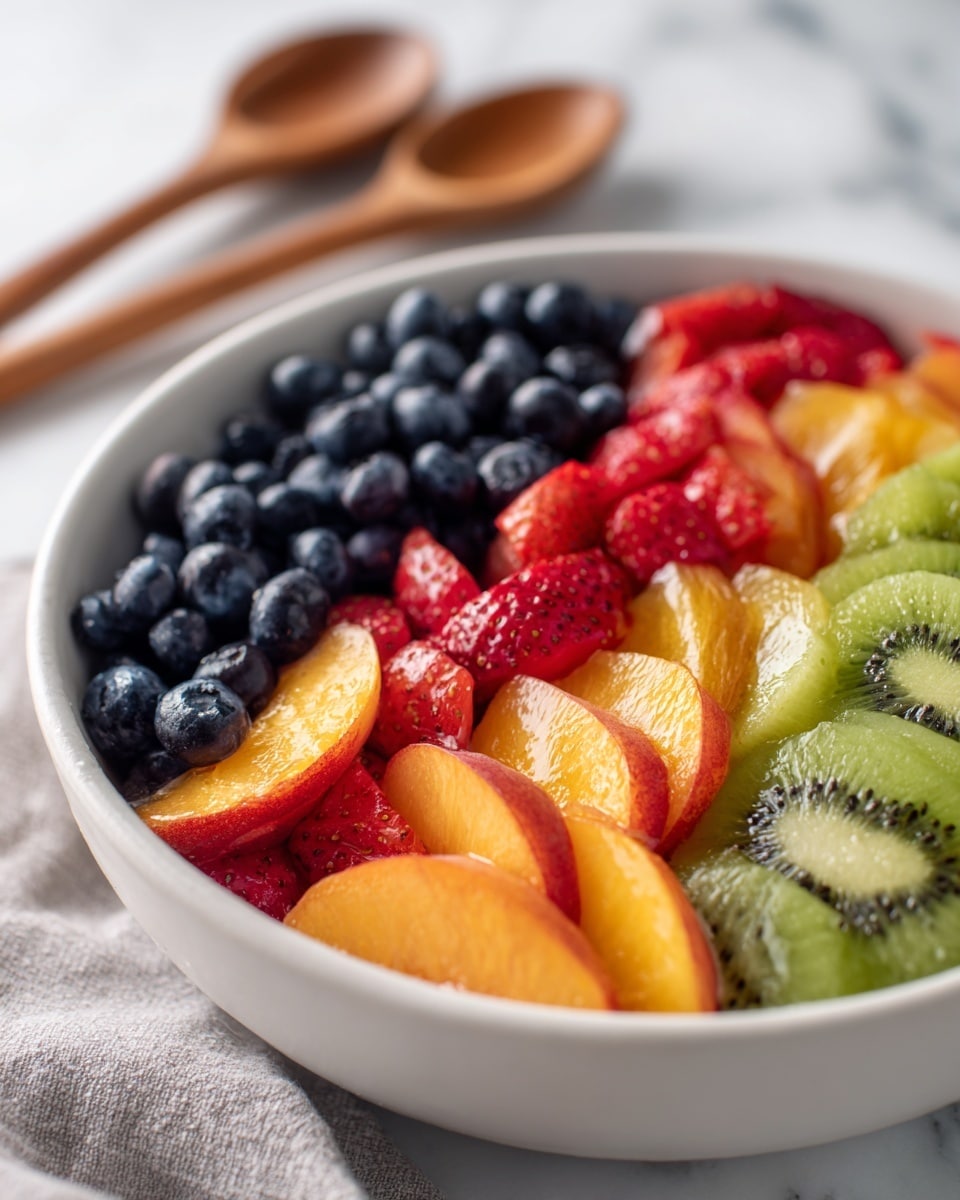 A white bowl filled with a colorful mix of fresh fruit pieces on a white marbled surface. The top layer shows round dark blue blueberries scattered all over. Below are bright green kiwi slices with visible seeds and soft edges. The middle layer has red strawberry slices with shiny surfaces and bright red peach or nectarine wedges with a smooth texture and a gradient from red to orange. The fruits are piled high in the bowl, creating a vibrant and fresh look. In the blurred background, there are wooden spoons. photo taken with an iphone --ar 4:5 --v 7