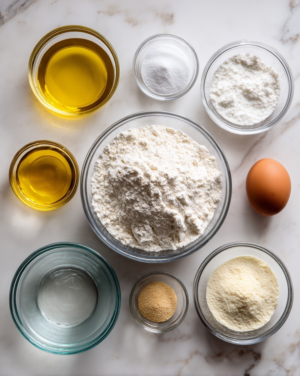 A flat lay photo shows eight clear glass bowls and one brown egg arranged on a white marbled surface. In the center is a large bowl filled with white flour. Above it are three small bowls containing white sugar, white salt, and white baking powder, each labeled. To the right of the flour is a plain brown egg, and above it, a small bowl with light yellow vinegar. Below the egg is a small bowl with golden yellow olive oil, and beside that is a tiny bowl filled with light tan yeast. At the bottom left is an empty clear bowl labeled water. All the bowls are transparent glass. Photo taken with an iphone --ar 4:5 --v 7