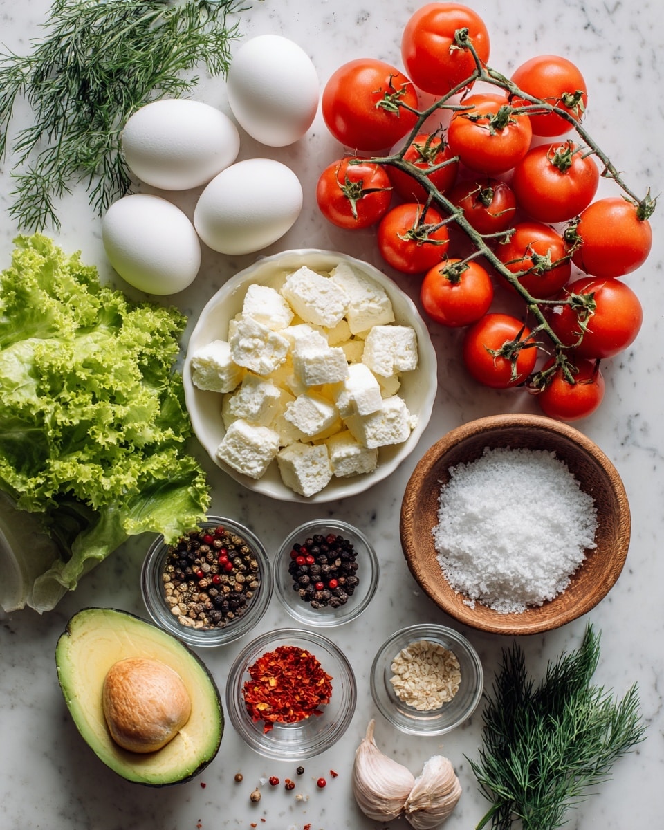 The image shows a collection of fresh ingredients neatly arranged on a white marbled surface. There is a bunch of bright red tomatoes still on the vine placed in the upper right corner. Just below them, there is a white bowl filled with small white cheese cubes. To the left, four white eggs are lined up in a scattered fashion. Near the eggs, there are two garlic bulbs with some loose cloves next to them. In the lower left, an avocado is shown, one half revealing a smooth light green flesh with the seed still inside, and the other half hollowed out with a yellowish-green center. Above the avocado, a small white bowl holds creamy cottage cheese. A few fresh green leaves of lettuce are placed near the tomatoes and eggs. Small glass bowls contain black and white peppercorns and red chili flakes beside the eggs. Lastly, a wooden bowl filled with coarse salt sits near the garlic. A sprig of fresh dill hangs on the upper left side, adding a touch of green. Photo taken with an iphone --ar 4:5 --v 7