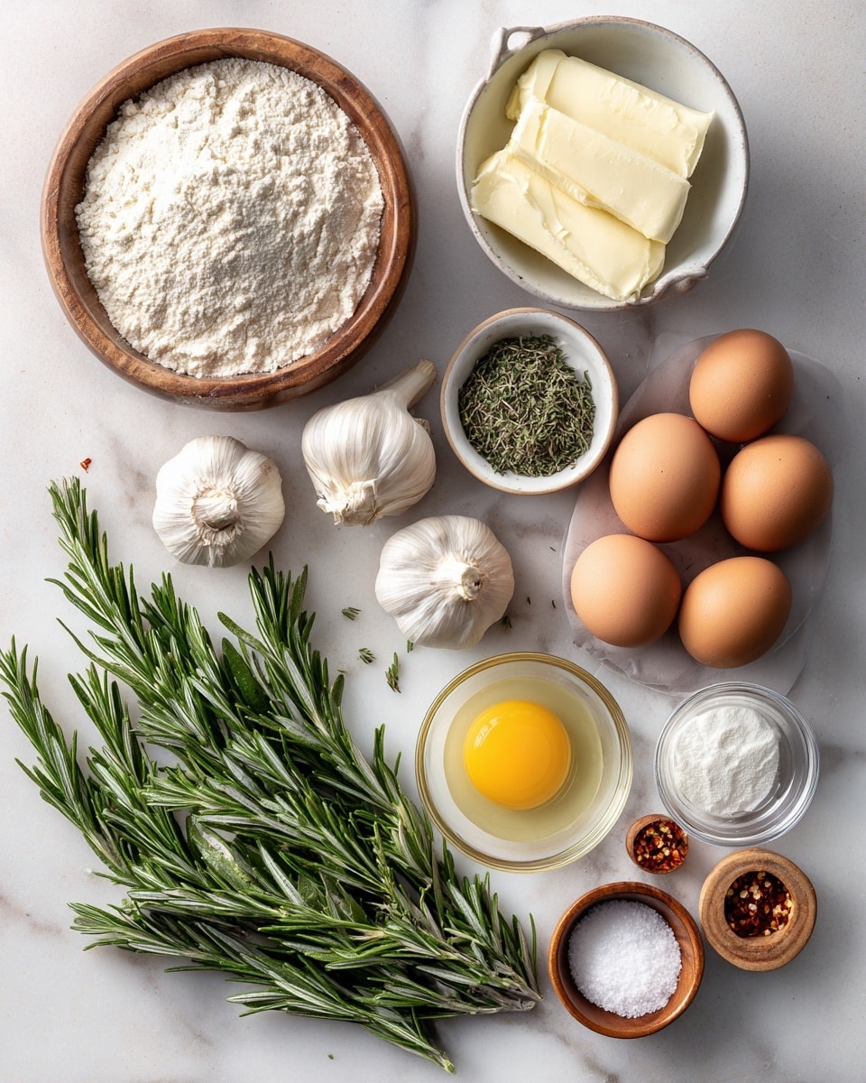 The image shows an arrangement of ingredients on a white marbled surface. There are three heads of garlic placed near the bottom left, next to a bunch of fresh green rosemary sprigs in the center. Above the garlic, there is a small white bowl filled with soft butter. At the top left, a round wooden bowl contains white flour. To the right of the flour, a small glass bowl holds a pale yellow liquid, and next to it, a smaller wooden bowl is filled with dry herbs. Below the bowl with liquid, a clear glass bowl shows one raw egg yolk. Four brown eggs are lined up vertically near the right side, accompanied by a small pile of chili flakes near the rosemary. There are also two small glass bowls with white powders positioned along the right side, along with a small wooden bowl of salt near the bottom right. photo taken with an iphone --ar 4:5 --v 7