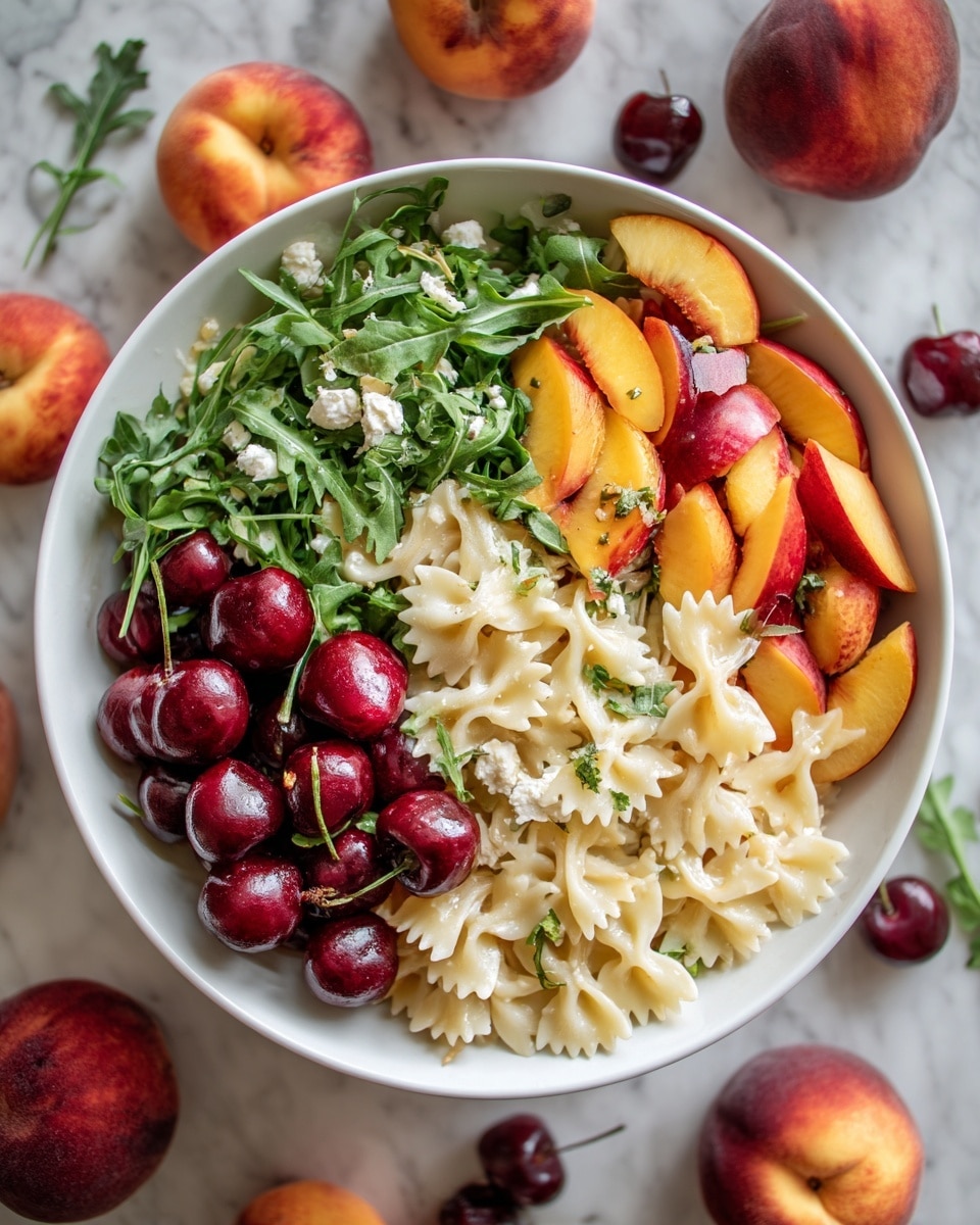 A white bowl filled with three main layers: the bottom layer of light yellow bowtie pasta, a middle layer of bright green spinach leaves scattered throughout, and the top layer including deep red cherries halved, orange peach slices with red edges, and small white cheese crumbles. The dish has a light, glistening dressing giving the pasta a shiny texture, and there is black pepper sprinkled lightly over the whole bowl. The white bowl rests on a white marbled surface with whole peaches and cherries around it. photo taken with an iphone --ar 4:5 --v 7