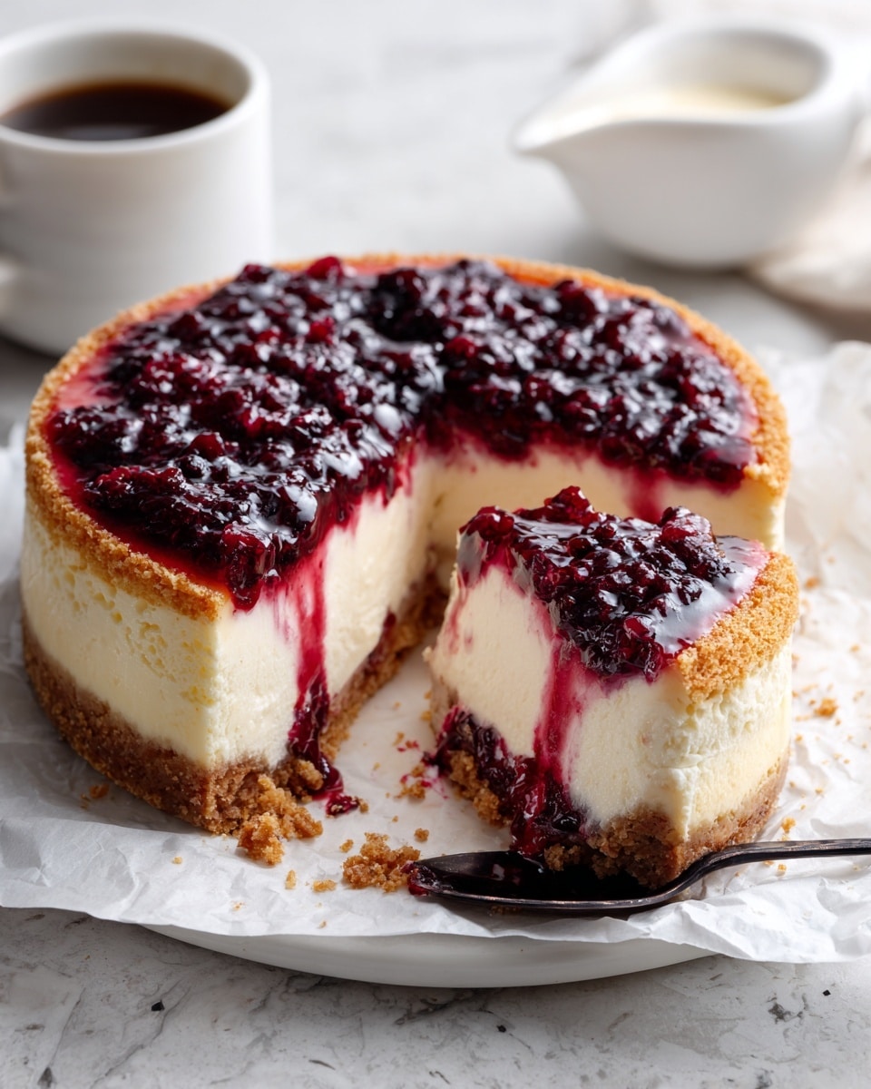 The image shows a slice of layered dessert on a white plate with gold trim; the bottom layer is crumbly brown crust, followed by a thick layer of white cream mixed with dark red and purple berry sauce, topped with more crumbly brown crust. On top of the slice, there is a smooth, pale yellow sauce dripping down slightly over the berries. In the background, part of the dessert is visible on a white plate lined with parchment paper, along with a small white bowl holding more of the yellow sauce and a spoon resting inside. The scene is set on a white marbled surface with warm natural light. photo taken with an iphone --ar 4:5 --v 7