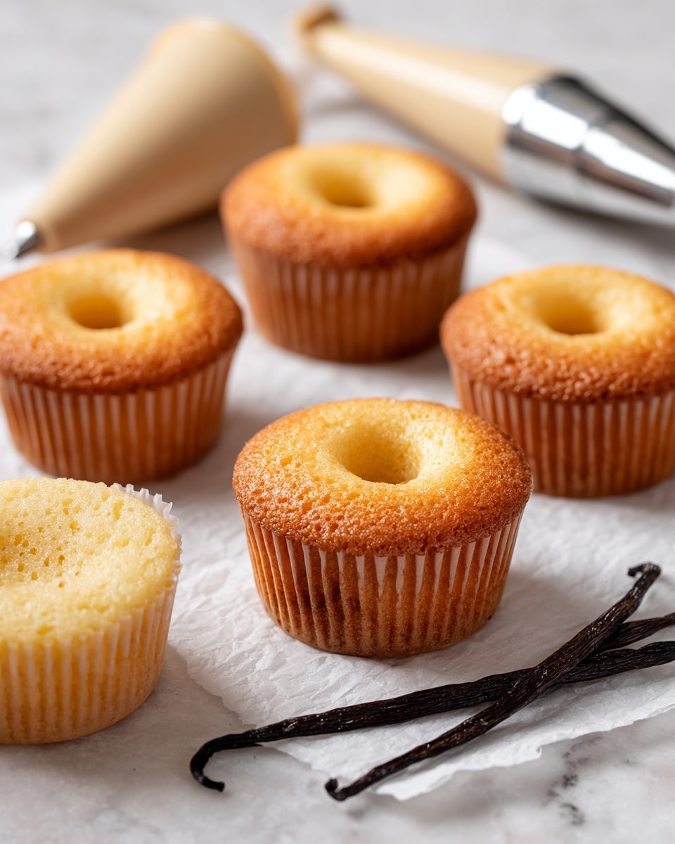 The image shows several light golden cupcakes placed on white parchment paper over a white marbled surface. Each cupcake is in a light brown paper liner, and in the center of each cupcake, there is a circular hole. A beige piping bag with a silver metal tip lies behind the cupcakes, partially in view. Also visible are two dried vanilla bean pods, long and dark brown, lying flat on the surface among the cupcakes. The overall scene is bright with soft natural lighting, highlighting the texture of the cupcakes and the smoothness of the piping bag. Photo taken with an iphone --ar 4:5 --v 7