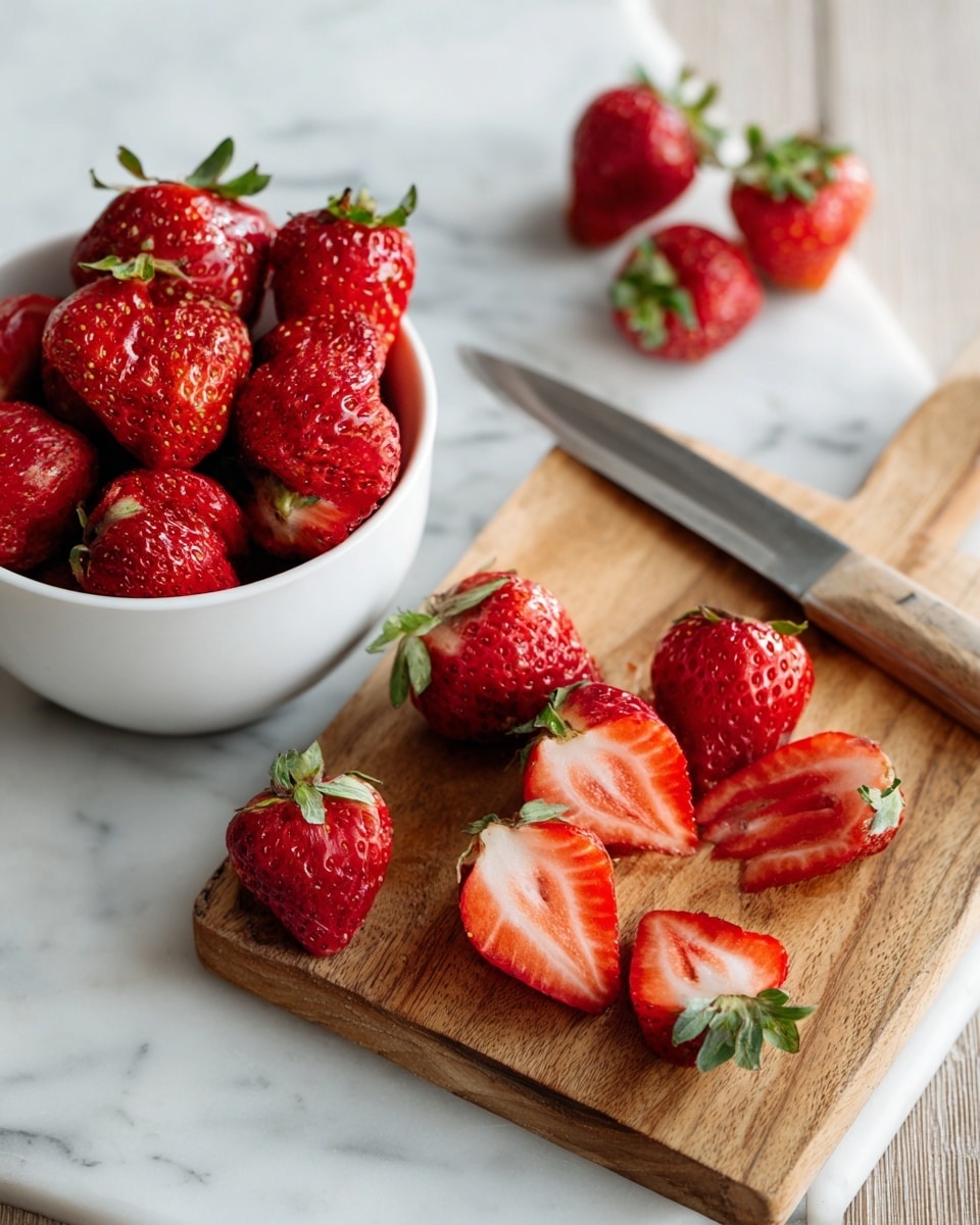A wooden cutting board lies on a white marbled surface, holding several strawberries that have had their green leafy tops removed, with these tops placed nearby on the board. The strawberries are bright red and shiny, some placed whole and some with the top part taken off, showing their juicy inner texture. To the left, a white bowl filled with more fresh strawberries is partially visible. A knife with a wooden handle and a silver blade rests on the white marbled surface next to the cutting board. Photo taken with an iphone --ar 4:5 --v 7