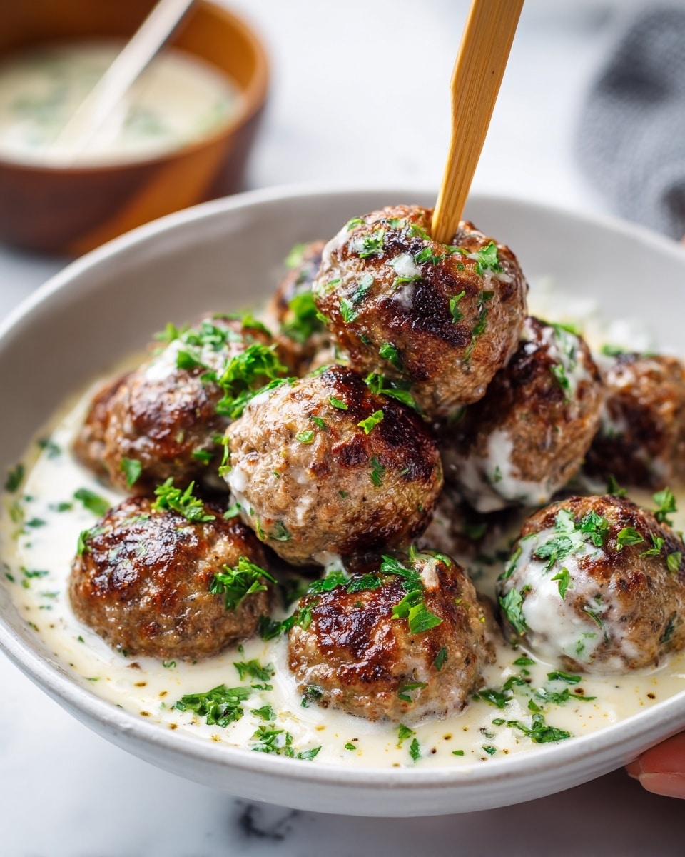 A white bowl sits on a white marbled surface, filled with six brown meatballs that look juicy and slightly crispy, each sprinkled with fresh green herbs. The meatballs rest on a creamy white sauce with small green pieces mixed in, giving a fresh look. One woman's hand is holding a wooden skewer stuck into one meatball, lifting it slightly above the bowl. In the background, there is an out-of-focus small bowl with extra brown sauce. The photo taken with an iphone --ar 4:5 --v 7