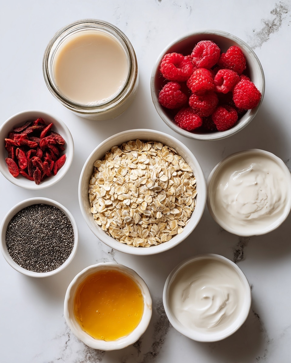 A white bowl filled with dry oats is in the center of the image, surrounded by small white bowls and containers holding various ingredients. Around the oats, there is a small white bowl with bright red raspberries at the top right, a glass jar with a light beige liquid on the top left, a small white bowl with white yogurt on the bottom right, a small dark bowl with black chia seeds on the middle left, a small white bowl with red dried fruit pieces on the bottom left, and a small white bowl with a thick golden honey or syrup in the middle bottom. The background is a white marbled surface, and the photo has a soft natural light. Photo taken with an iphone --ar 4:5 --v 7
