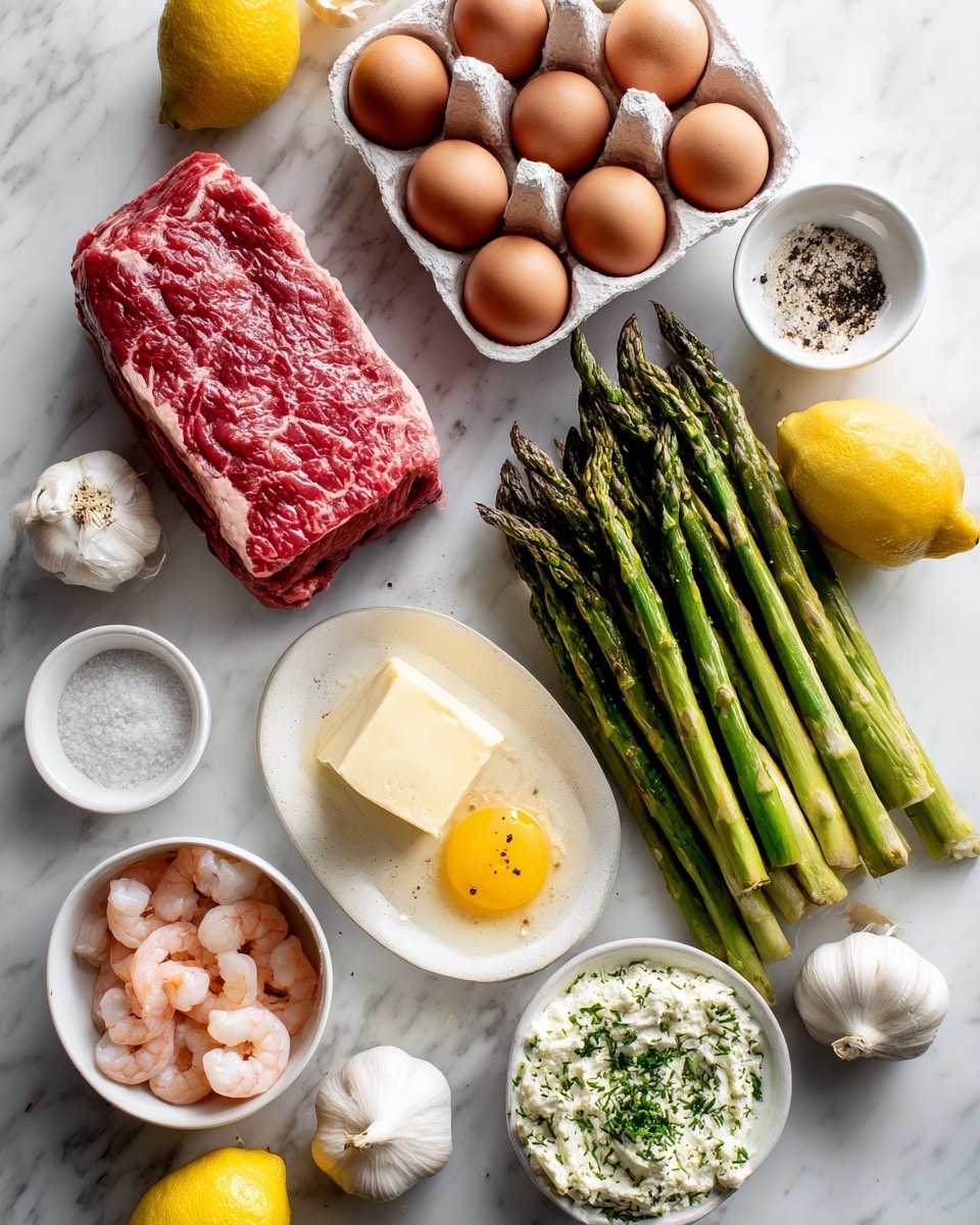 The image shows a flat lay of fresh ingredients on a white marbled surface. In the center is a thick, raw red steak with a textured surface. To its right is a neat bunch of bright green asparagus with tips pointing up. Above the asparagus is a white container holding six brown eggs arranged in two rows. Below the steak is a white plate with a large block of pale yellow butter. To the left of the steak are small round bowls; one contains peeled pinkish-white shrimp, another holds a single raw egg with a bright yellow yolk sprinkled with black pepper, a third has coarse white sea salt, and another a creamy white mixture topped with green herbs in a white bowl. Clusters of whole garlic bulbs and halved yellow lemon halves are scattered around. The photo taken with an iphone --ar 4:5 --v 7