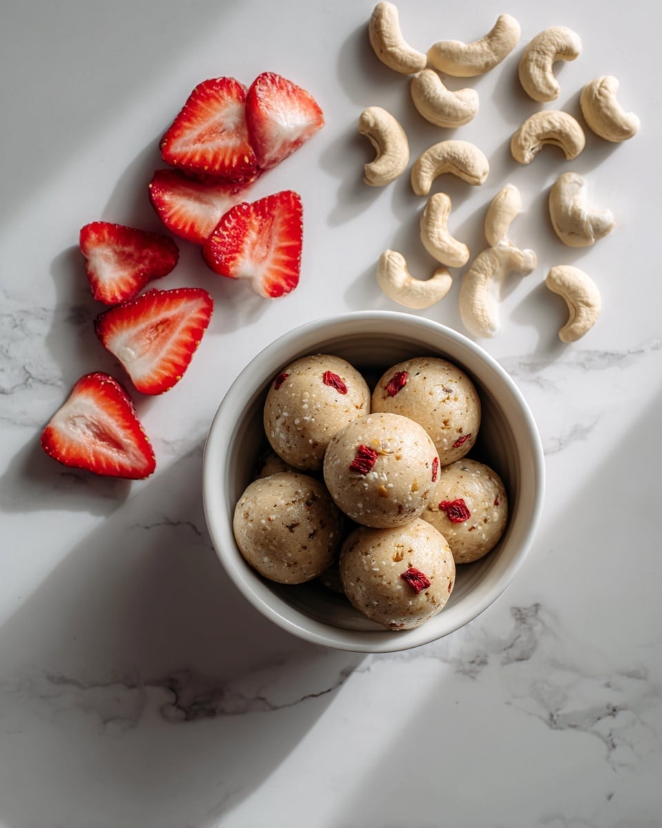 A white bowl filled with seven round beige balls mixed with small red pieces on a white marbled surface; to the left of the bowl are thin slices of bright red strawberries arranged in a small pile, and to the right is a scattered group of pale, off-white cashew nuts. Photo taken with an iphone --ar 4:5 --v 7