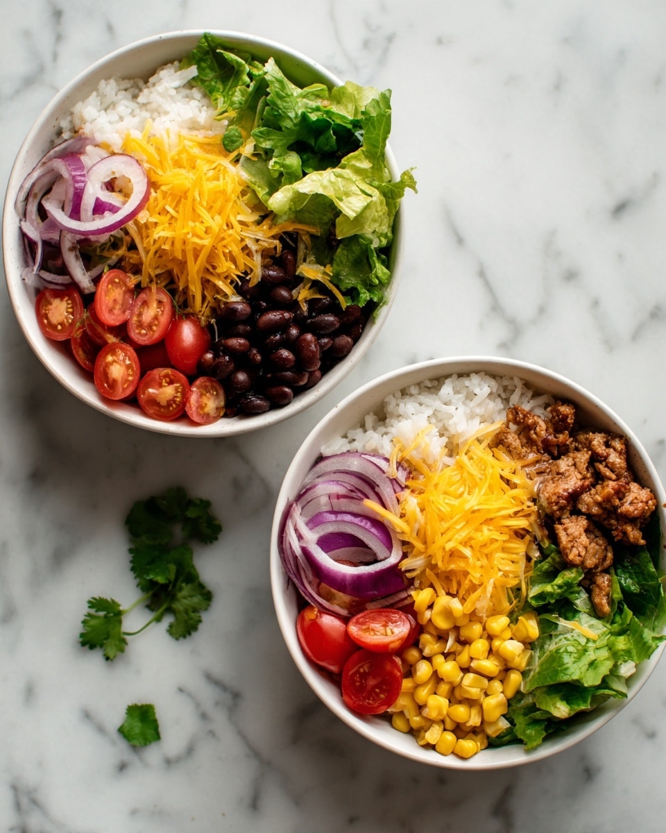 Two bowls filled with a layered salad sit on a white marbled surface. Each white bowl contains a base layer of white rice covering about half the bowl, followed by black beans on one side and seasoned ground meat on the other. Next layers include bright yellow corn and fresh green lettuce. On top, there are slices of red cherry tomatoes, thin rings of purple onion, small sprigs of green cilantro, and shredded yellow and light orange cheese scattered around. The bowls are partly cropped, showing just a top view of the colorful, fresh ingredients. Photo taken with an iphone --ar 4:5 --v 7