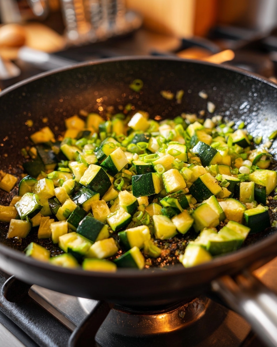 A close-up view of a black non-stick pan filled with chopped green zucchini pieces that are lightly browned and sizzling. The zucchini chunks are mixed with small bits of white and light green, likely garlic and chopped green onions, scattered across the pan's surface. The pan rests on a stove, with the vegetables showing a slightly shiny texture from cooking oil. The background features a blurred kitchen setting with warm lighting. photo taken with an iphone --ar 4:5 --v 7