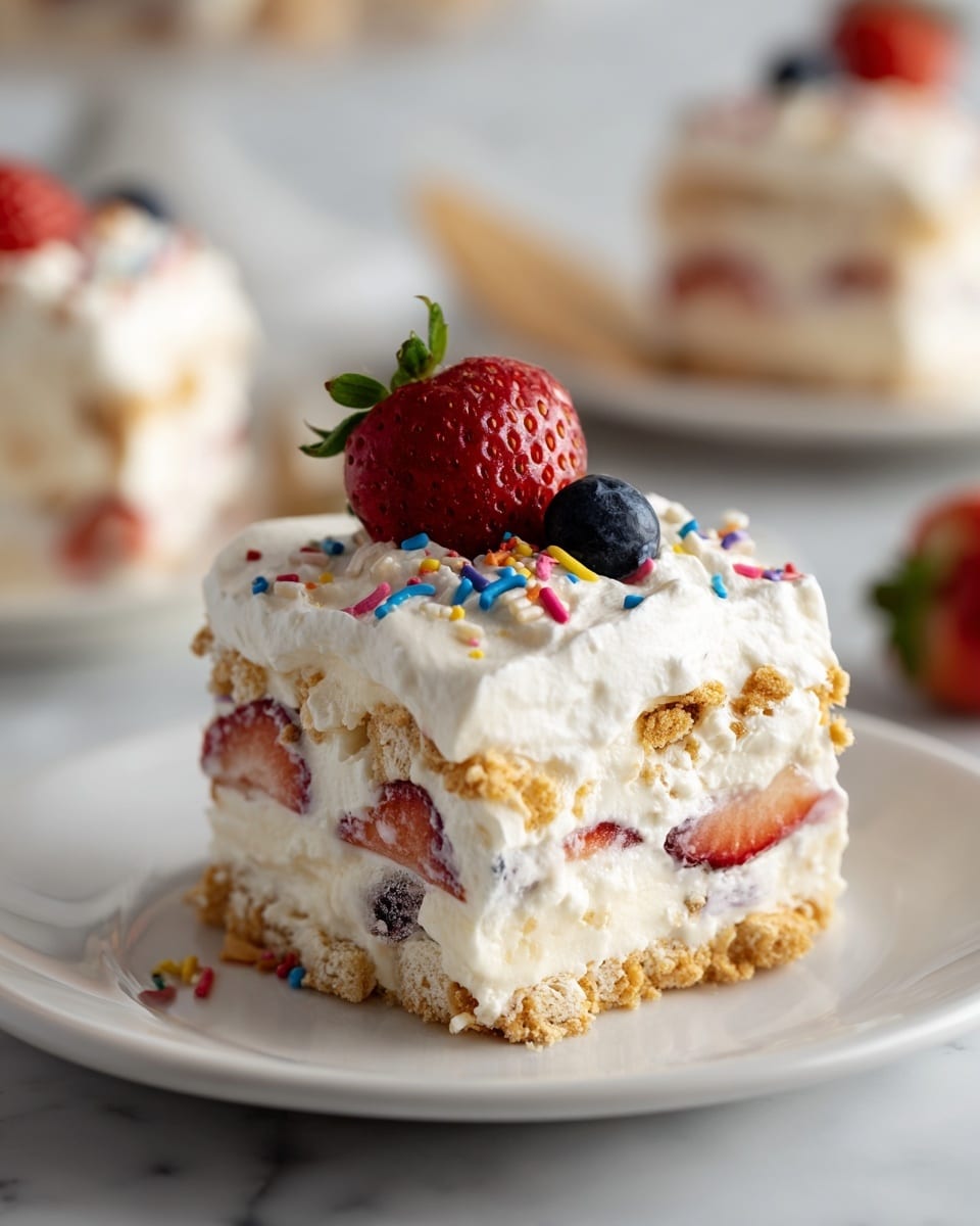 A clear glass rectangular dish holds a layered dessert with three visible layers: a bottom layer of golden brown crushed crackers, a middle layer of white creamy filling mixed with red strawberry pieces, and a thick top layer of smooth, white whipped cream spread with soft swirls. The whipped cream is decorated with fresh whole and halved red strawberries and small dark blue blueberries arranged in a vertical line down the center. Tiny red, white, and blue star-shaped sprinkles are scattered around the berries. A piece is removed from the bottom corner, showing the layers clearly. The dish is placed on a white marbled surface with extra strawberries, graham crackers, a knife with some cream on it, and a small bowl of colorful star sprinkles nearby. Photo taken with an iphone --ar 4:5 --v 7