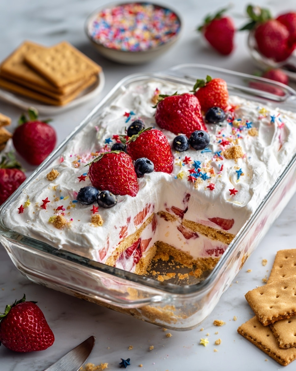 A close-up of a layered dessert square placed on a white plate with a white marbled texture background. The dessert has three visible layers: the bottom layer consists of sliced strawberries that appear bright red; the middle layer is a creamy mix with pieces of light brown crispy wafers and some dark bits, likely blueberries, embedded in white cream; the top layer is a smooth, thick white cream decorated with a whole ripe red strawberry and a half strawberry positioned side by side on top. Small blue and red sprinkles are scattered on the cream surface, adding color. In the blurred background, more slices of the same dessert are visible. Photo taken with an iphone --ar 4:5 --v 7