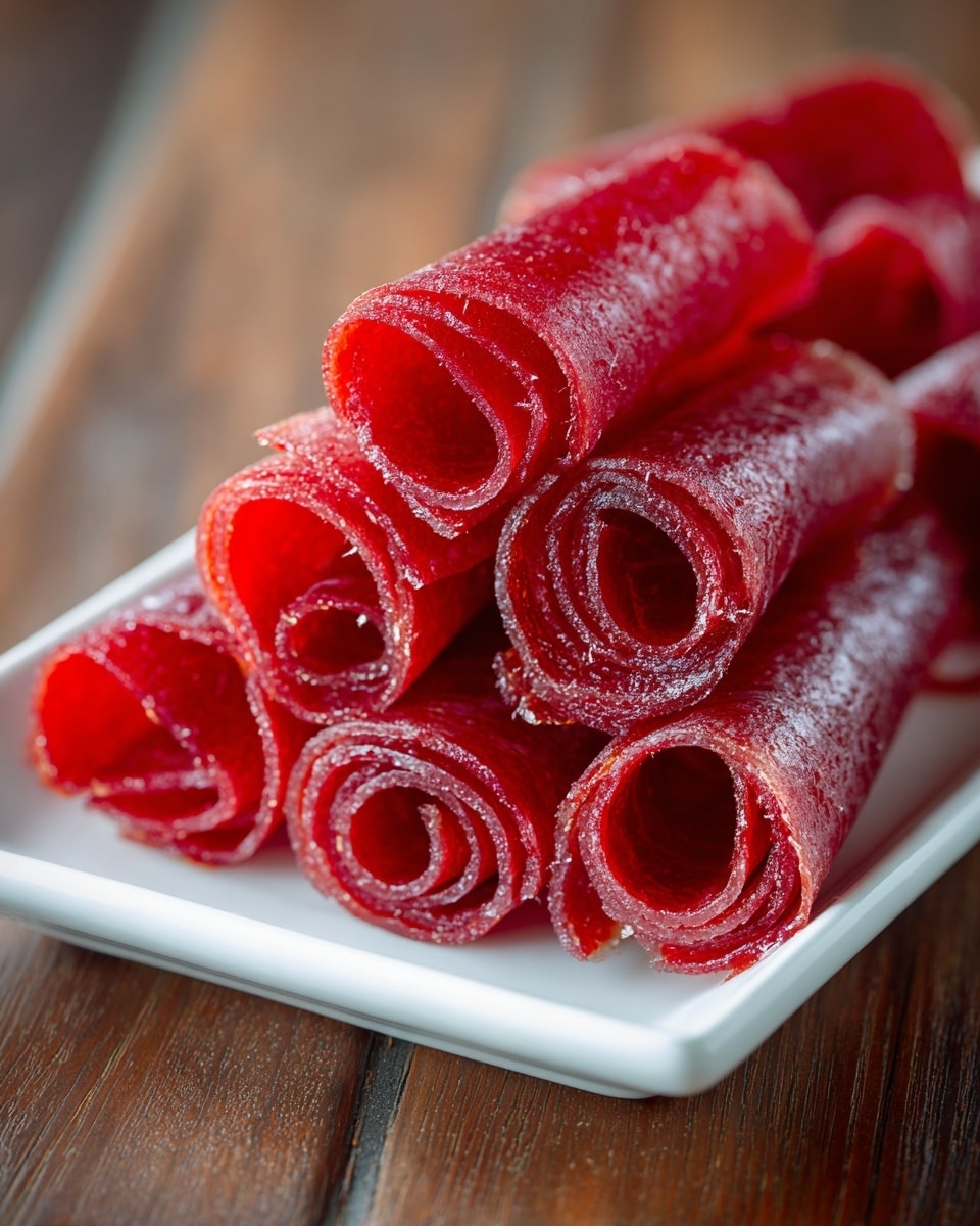 The image shows several rolls of bright red fruit leather arranged closely on a white plate. Each roll is made of multiple thin layers of the fruit sheet, tightly wound in a spiral shape. Some of the rolls have small pieces of white parchment paper sticking out between the layers, creating a contrast with the smooth, shiny red surface. The rolls vary slightly in size but are all similar in height and width, standing upright. The plate sits on a white marbled surface, adding a clean and natural background to the vibrant red rolls. photo taken with an iphone --ar 4:5 --v 7