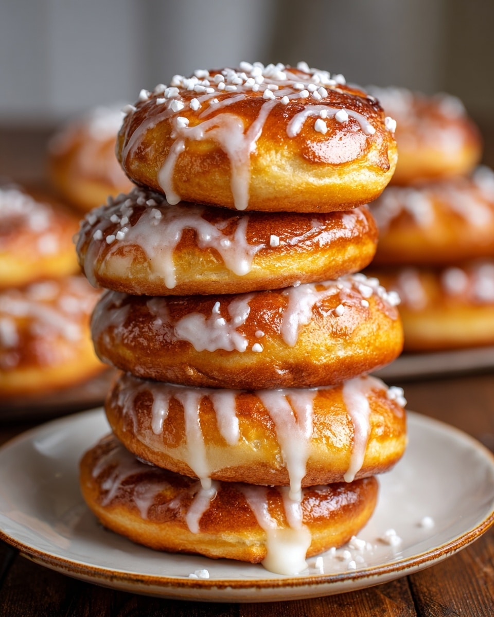 A stack of six shiny golden brown buns sits on a round white plate. Each bun has a soft, fluffy texture with a glossy, slightly darkened top layer that looks brushed with butter or glaze. White icing drips smoothly over the sides, and there are chunks of coarse white sugar sprinkled on top, adding a rough texture. The plate rests on a light wooden surface with a white marbled background softly blurred out, giving focus to the buns. The light shines warmly on them, highlighting their rich color and the icing’s shine. Photo taken with an iphone --ar 4:5 --v 7