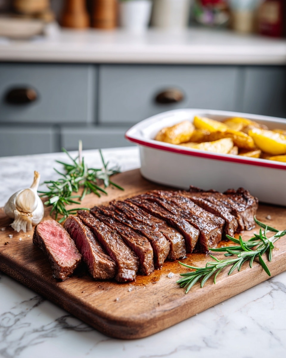 A wooden cutting board on a white marbled surface holds a sliced steak, cut into about nine pieces arranged in a semi-line from the center forward; the steak has a brown, grilled outside with a pink, juicy inside. In the background, a white baking dish with a red rim contains golden roasted potato slices. At the front right corner of the image, a fresh sprig of rosemary and a bulb of garlic add natural green and pale yellow color. The kitchen setting includes grey cabinets with dark handles. Photo taken with an iphone --ar 4:5 --v 7