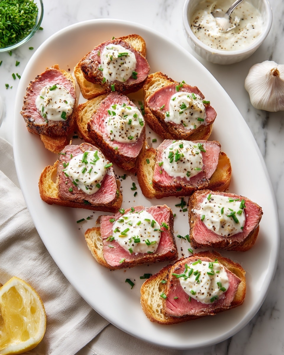 The dish shows seven pieces of toasted golden bread arranged on a white oval plate with a slightly speckled rim, placed on a white marbled surface. Each slice has a thick piece of medium-rare cooked meat with a pink center and browned edges layered on top. On the meat, there is a dollop of creamy white sauce, sprinkled with finely chopped green herbs, likely chives. Around the plate, some extra chopped herbs are scattered, adding a fresh green touch. In the background, there is a white ramekin filled with more creamy sauce, and part of a garlic bulb is visible near it. Photo taken with an iphone --ar 4:5 --v 7