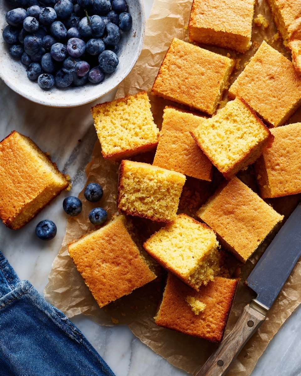 A golden brown cornbread is cut into many small square pieces, arranged closely together on light brown parchment paper. The cornbread has a slightly rough texture and looks soft inside, with some pieces raised up. Next to it on the right is a long serrated knife with a silver blade resting on the parchment paper. In the top left corner, a white bowl filled with fresh blueberries sits on a white marbled surface. The photo is taken from above and also shows part of someone's blue jeans at the bottom edge. Photo taken with an iphone --ar 4:5 --v 7