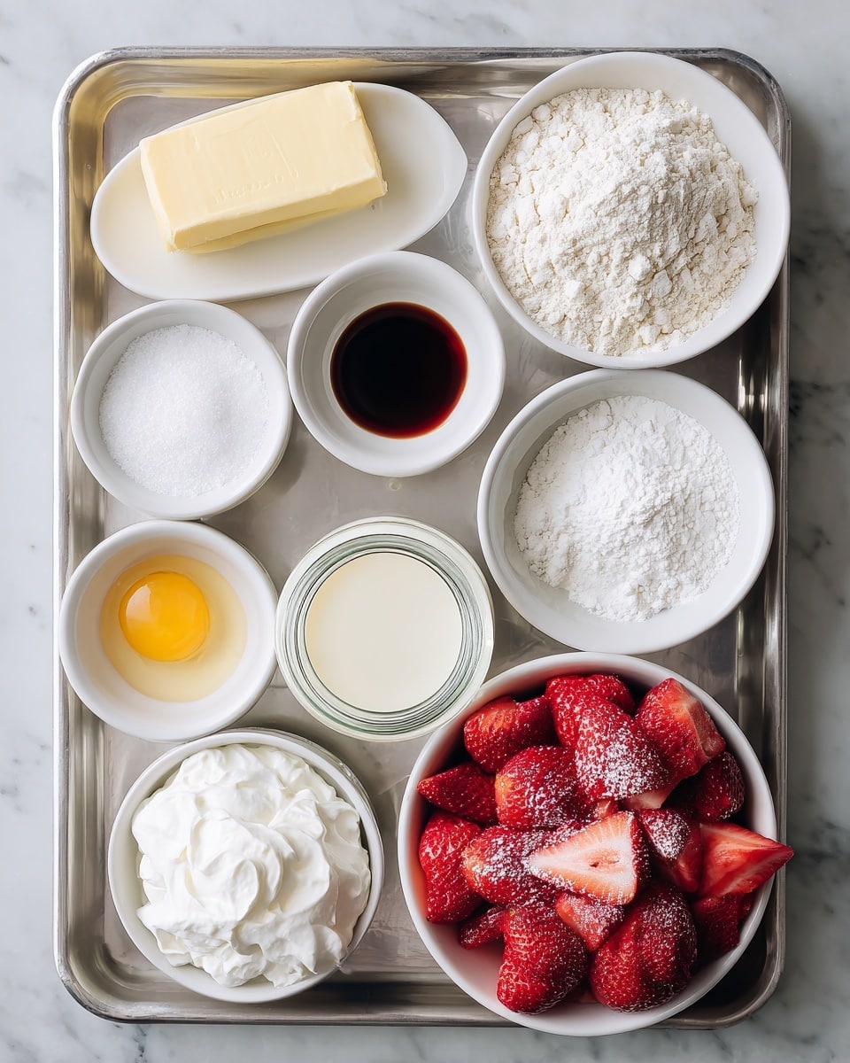 A clean silver tray holds nine small white bowls and containers, each filled with a different baking ingredient. At the top left, a pale yellow stick of butter rests next to a white bowl of fine white salt. To the right, a larger white bowl is filled with light, powdery gluten-free flour. Below that, a small white bowl holds dark brown vanilla extract. In the center of the tray, a glass jar contains creamy buttermilk, while in front lies a white bowl filled with fluffy white whipped cream. On the bottom left, a white bowl holds a bright yellow raw egg yolk, next to two more white bowls stacked with white sugar and white baking powder. At the bottom right, a larger white bowl overflows with vibrant red strawberries sliced into small pieces, some sprinkled with sugar. The whole setup is on a white marbled surface, photo taken with an iphone --ar 4:5 --v 7