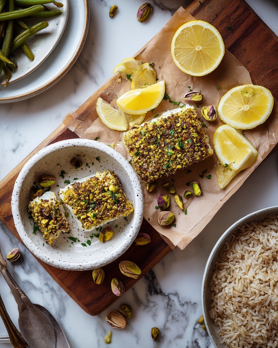 Two pieces of salmon fillets covered with a thick layer of roasted chopped pistachios sit on crumpled brown parchment paper on a wooden board. The salmon has a brownish green nut crust with some salt crystals sprinkled on top, showing a textured, crunchy surface. Three lemon wedges with pale yellow flesh and bright yellow rinds are placed around the salmon. A small white speckled bowl filled with whole pistachios sits near the salmon on the board. There are some loose pistachios and small green herbs scattered around the board and parchment. A plate with cooked green beans is partially visible on the top left corner, and a bowl of cooked white rice with a wooden spoon rests on the bottom right edge. The background is a white marbled surface. photo taken with an iphone --ar 4:5 --v 7