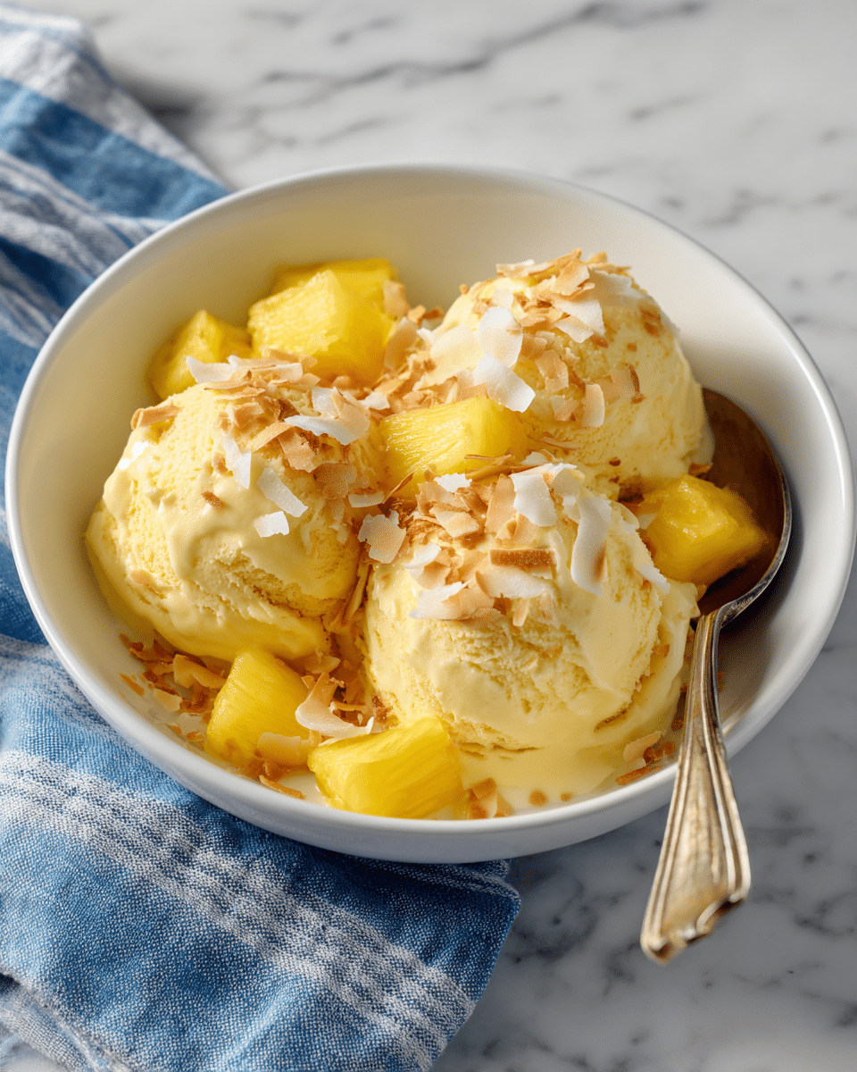 A white bowl holds three round scoops of pale yellow ice cream, each scoop showing a smooth textured surface. Around the ice cream, small chunks of bright yellow pineapple are scattered. The dish is topped with white and golden toasted shredded coconut sprinkled evenly, adding a flaky texture contrast. A spoon with a wooden handle rests inside the bowl on the right side. The bowl sits on a wooden surface with a blue and white striped cloth nearby. Photo taken with an iphone --ar 4:5 --v 7