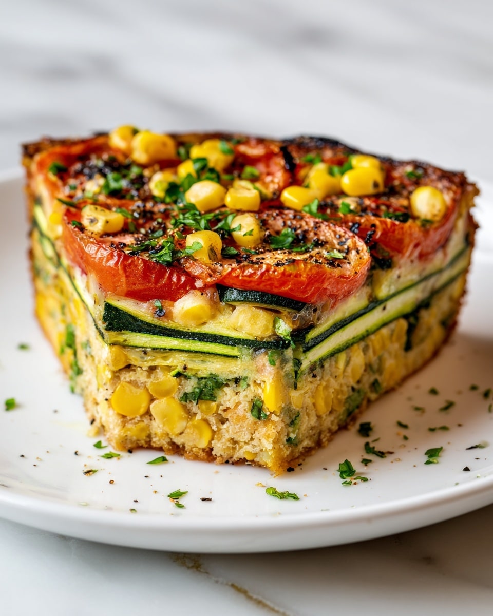 A square piece of baked vegetable dish is shown on a white plate with a white marbled surface beneath. The dish has several layers: the base is a thick, light golden layer with visible bits of corn kernels and green zucchini strips throughout. On top, round slices of grilled tomato with slightly charred edges are evenly placed, adding a reddish color with a crisp texture. Small yellow corn kernels are scattered between the tomatoes, giving extra color and texture. Fresh chopped green herbs are sprinkled over the top, adding a fresh green contrast to the warm, cooked vegetables. The edges are slightly browned, showing a crispy finish. Photo taken with an iphone --ar 4:5 --v 7