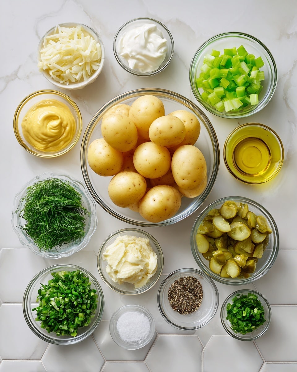 A top-down view shows twelve clear glass bowls arranged neatly on a white marbled hexagon tile surface. The largest bowl in the center holds smooth, round baby gold potatoes with light yellow skin. Surrounding it are smaller bowls filled with various ingredients: to the left, thick Dijon mustard with a creamy yellow color and white Greek yogurt with a smooth, thick texture; to the right, a shiny golden olive oil and bright green celery pieces cut into small cubes. Below the yogurt, a small bowl of pale garlic paste and fresh dark green chopped parsley sit next to chopped yellow-green pickles and crumbly white feta cheese. Below those, there is light yellow pickle juice, finely chopped fresh green scallions, creamy white mayo, and a tiny bowl with granulated salt and black pepper. Another small bowl contains bright green dill herbs. Everything is neatly organized and clearly visible in a clean, bright setting. Photo taken with an iphone --ar 4:5 --v 7