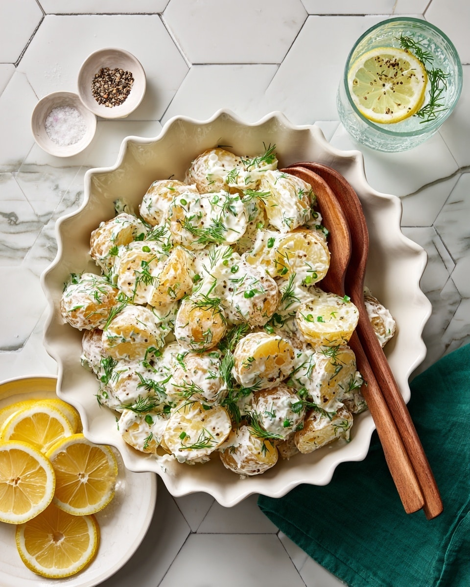 In a white scalloped bowl, there is a mix of roasted golden brown potato pieces, coated in a creamy white sauce with specks of chopped fresh green herbs like dill and sliced green onions, giving a fresh touch. The potatoes have a slightly crisp texture with some browned edges visible under the sauce. A wooden spoon is placed inside the bowl, partially mixing the ingredients. The bowl rests on a white marbled surface with a small white dish of salt and pepper nearby, lemon wedges at the bottom left, a green cloth napkin to the right, and a glass of water with a lemon slice at the top right. photo taken with an iphone --ar 4:5 --v 7