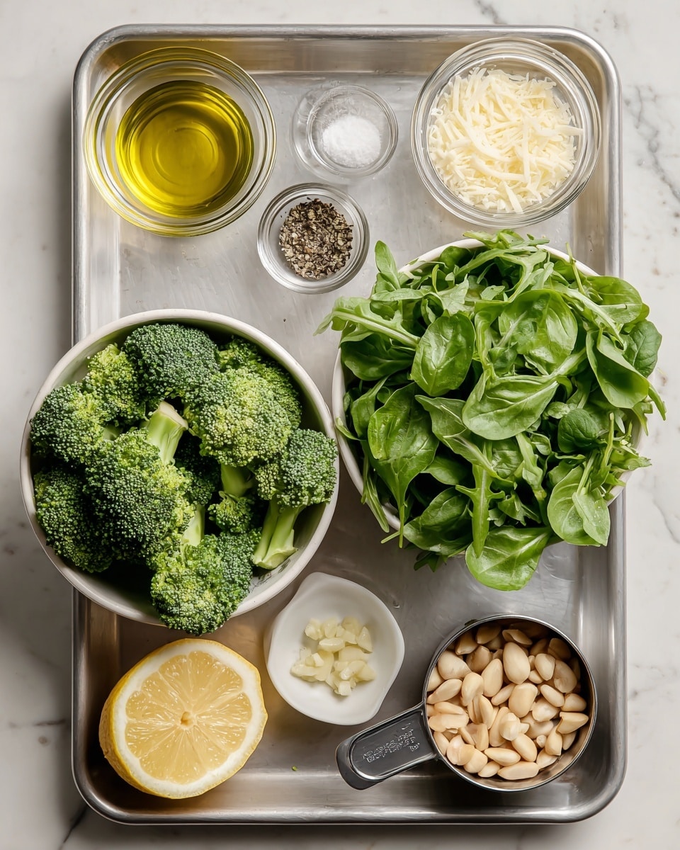 A metal tray on a white marbled surface holds several small bowls and ingredients arranged neatly. On the top right, there is a white bowl filled with fresh green arugula and basil leaves with a mix of light and darker green shades. Below it, another white bowl contains steamed broccoli florets, bright green and textured with small buds. To the left of the broccoli bowl is a small glass container with light yellow olive oil, and next to it is a glass jar filled with finely grated pale yellow parmesan cheese. Below the parmesan, there is a tiny white bowl holding a mix of salt and black pepper. A small glass container with minced garlic is below this bowl. At the bottom left, there is a lemon sliced in half, showing bright yellow flesh. On the bottom right, a metal measuring cup filled with pale beige pine nuts sits on the tray. The overall look is clean and organized, showing fresh ingredients ready for cooking. photo taken with an iphone --ar 4:5 --v 7