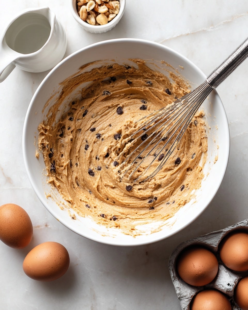 A large white bowl filled with thick light brown batter that has visible dark chocolate chips mixed throughout, with a silver whisk partially coated in batter resting inside the bowl; the edges of the bowl are splattered with batter. The bowl sits on a white marbled surface with a small white jug on the left and a white ramekin with whole nuts behind it. On the lower right, there are four brown eggs in a gray egg carton. Photo taken with an iphone --ar 4:5 --v 7