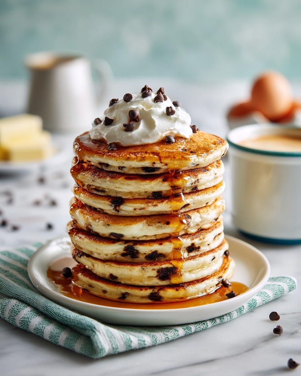 A tall stack of eight thick, golden brown pancakes with chocolate chips spread evenly throughout each layer sits in the center of a white plate. The top pancake is covered with a dollop of white whipped cream or butter, drizzled generously with warm, amber maple syrup that flows down the sides and pools on the plate. The pancakes have a slightly crispy, textured surface with darker browned spots. The scene is set on a white marbled surface with a swirl-patterned latte in a blue-rimmed white cup close in the foreground. Soft natural light highlights the warm tones and cozy kitchen background with blurred eggs, butter, measuring cup, and decorative items. photo taken with an iphone --ar 4:5 --v 7