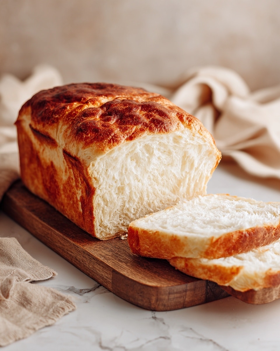 The image shows a loaf of golden brown bread with a crispy, slightly uneven crust on top. It is placed on a wooden board with two thick slices cut from the loaf and laid beside it. The inside of the bread is soft, light yellow, and moist with a slightly fluffy texture. In the background, there is a beige cloth that adds a cozy feel, and the whole scene is on a white marbled surface. The photo taken with an iphone --ar 4:5 --v 7
