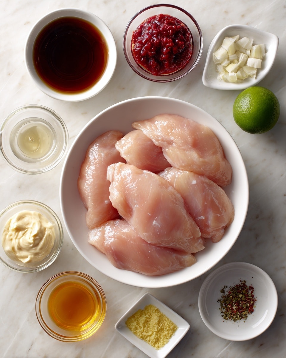 A white bowl filled with four raw chicken breasts, pale pink in color with slight shine, is placed on a white marbled surface. Surrounding the bowl are nine small white dishes containing various sauces and ingredients: a dark brown liquid in one, bright red chunky sauce in another, clear liquid in a third, creamy off-white mayonnaise in the fourth, orange sauce in a clear bowl, yellow minced garlic, translucent vinegar, and a small square dish with two seasonings—greenish powder and red pepper flakes. A whole green lime is positioned to the right of the ingredients. Photo taken with an iphone --ar 4:5 --v 7
