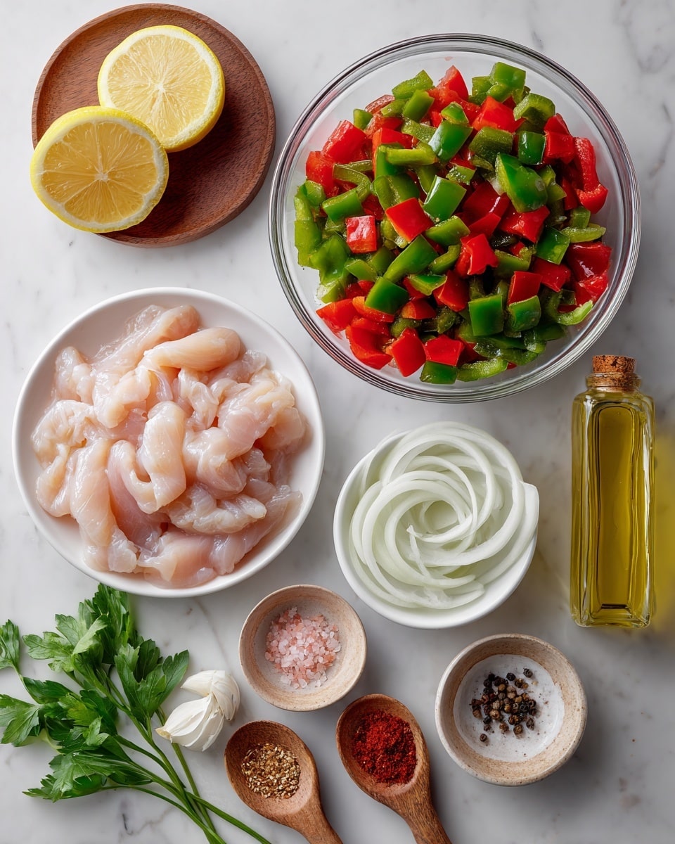 The image shows a clear glass bowl at the top right filled with chopped green and red bell peppers, each piece having a smooth shiny texture and varied shapes. Below it, a white plate holds raw, pale pink chicken strips arranged in a slightly overlapping way. To the bottom right, a white bowl contains thinly sliced white onions with a slightly translucent look and layered rings. Around these main bowls, there are small bowls and containers holding coarse pink salt, chopped red chili, black pepper, and three wooden spoons with spices, each showing different colors of seasoning: light brown, dark green, and reddish-brown. A halved lemon with bright yellow skin and two garlic cloves rest on a small wooden dish on the top left. On the right side, there is a tall, narrow clear bottle with yellow olive oil inside. Some green parsley leaves with fresh texture are placed at the bottom left on the white marbled background. photo taken with an iphone --ar 4:5 --v 7