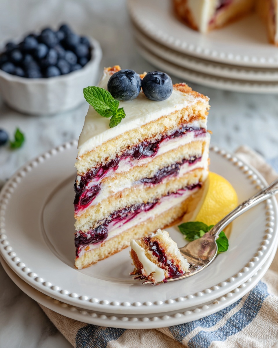 A rectangular white platter holds a layered dessert with a smooth, creamy white top layer decorated with fresh blueberries, small lemon wedges, and a sprig of mint in the center. One slice is cut and placed near the top of the platter, clearly showing four distinct layers: a light brown biscuit layer, a thick white creamy layer, a dark purple berry layer, another white creamy layer, and another biscuit layer repeated, each one neatly stacked and visible from the side. The whole setup sits on a white marbled surface with some blueberries in a white bowl above and a fork with a cream-colored handle just visible at the bottom right corner. Photo taken with an iphone --ar 4:5 --v 7