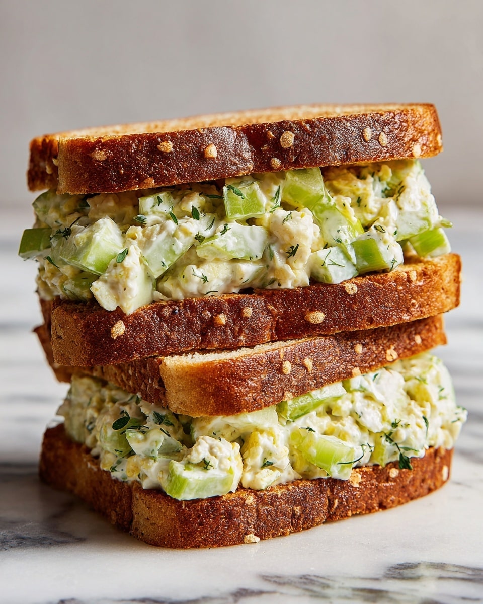The image shows a sandwich with two slices of toasted brown bread. Between the bread slices, there is a thick layer of greenish salad filling made of small, uneven pieces mixed with herbs, likely cucumber and some kind of creamy mixture. The bread has a slightly rough texture and golden brown color, with slight browning on the edges. The sandwich is placed on a surface with a white marbled texture. photo taken with an iphone --ar 4:5 --v 7