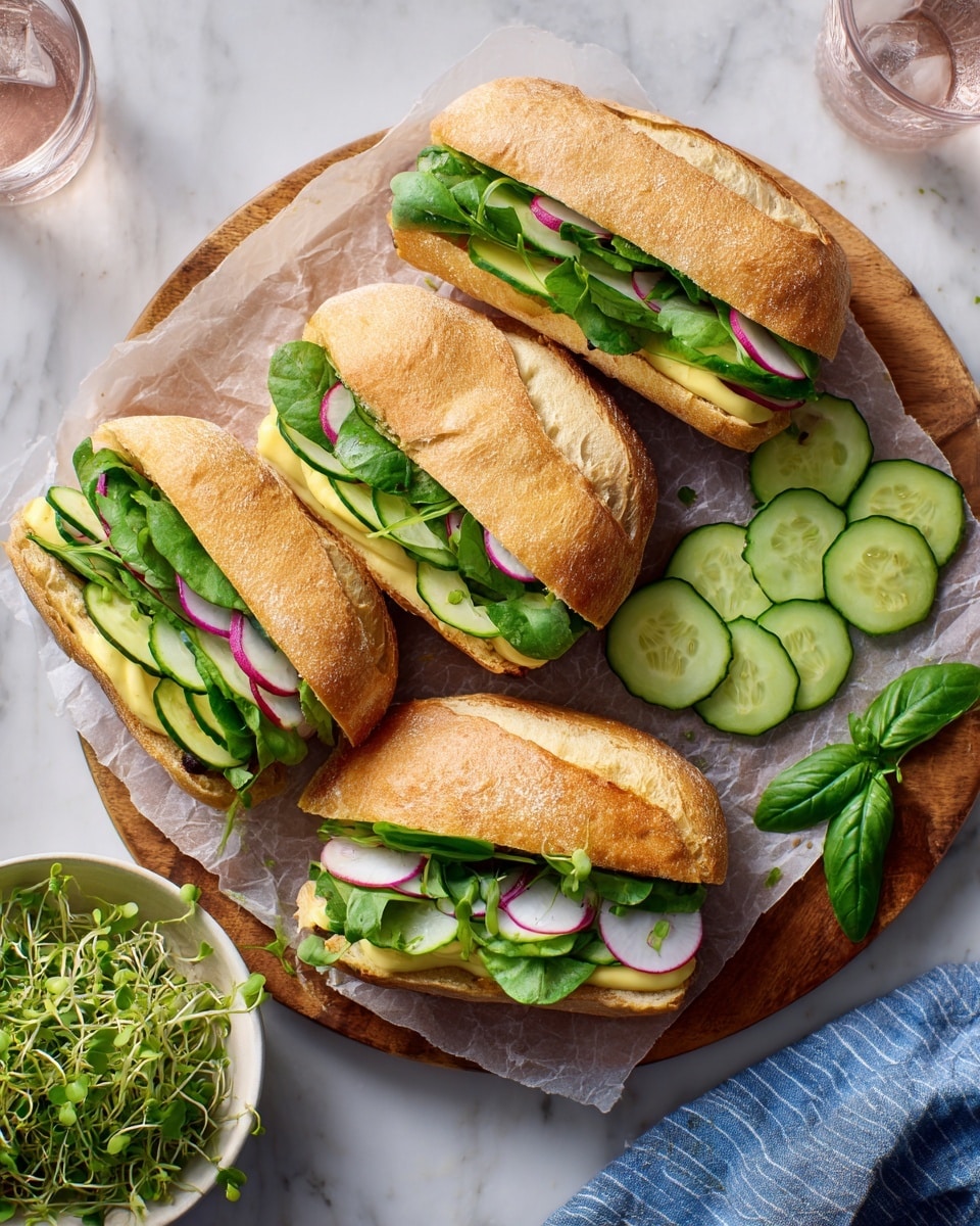 The image shows four sandwich halves on a round wooden board with a white marbled background. Each sandwich has a light brown crusty baguette cut in half, with visible layers inside, starting with a spread of a light yellow creamy filling, fresh spinach leaves, thin cucumber slices, and thin red onion slices, giving green, white, and purple colors. On the board, there is also a small white bowl filled with fresh green microgreens and a pile of sliced cucumbers with green leaves to the right. A gray and white striped cloth is placed near the board, and two glasses with light pink liquid are visible around the edges. The photo looks fresh and simple. Photo taken with an iphone --ar 4:5 --v 7